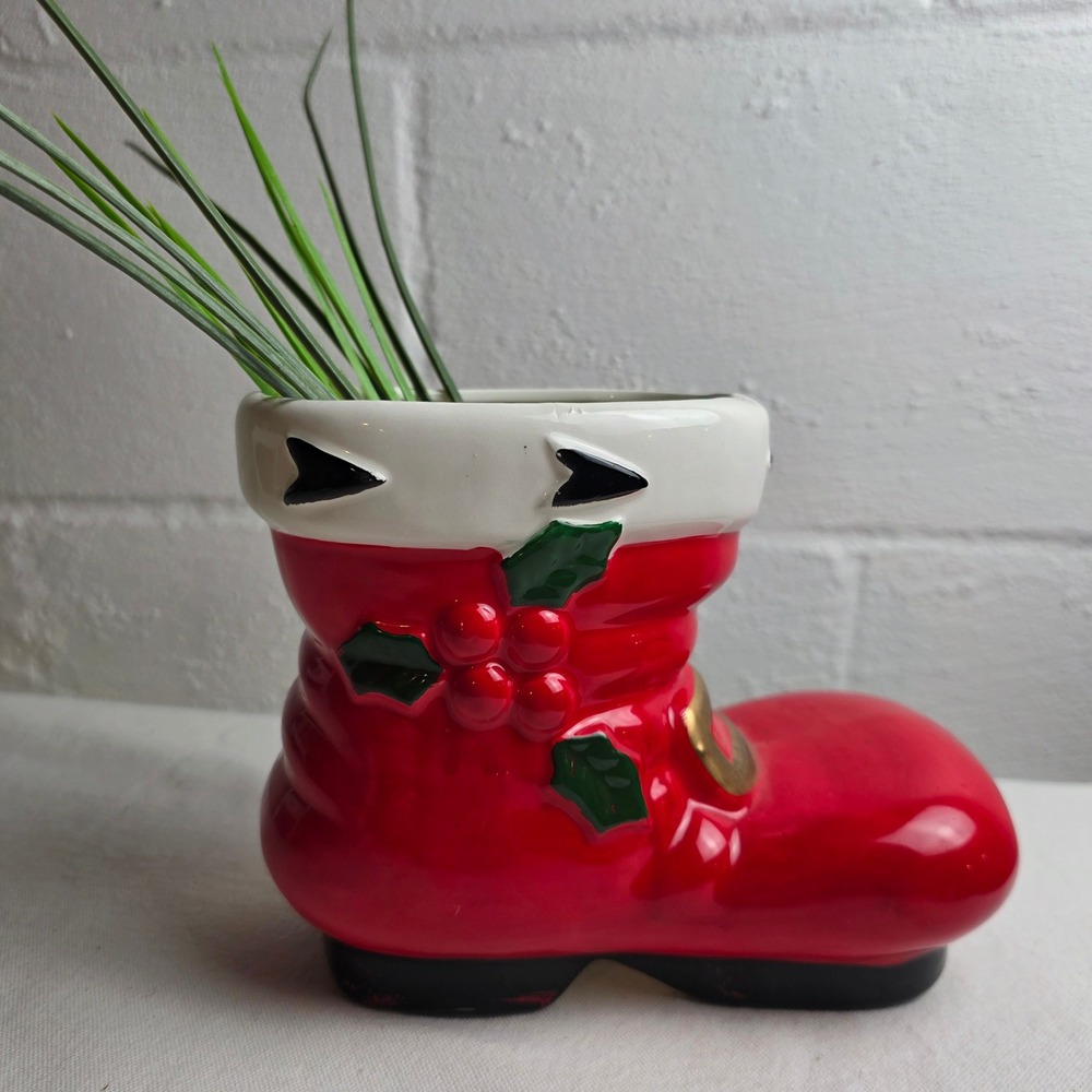 Vintage Red Ceramic Santa Boot Planter Christmas Holly Berry Gold Buckle Decor